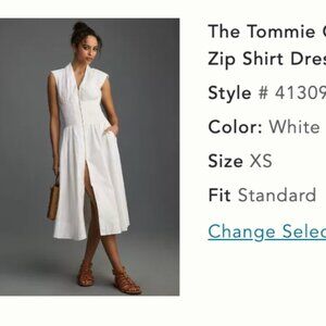 The Tommie Cap-Sleeve Smocked Front-Zip Shirt Dress -white with stripes.